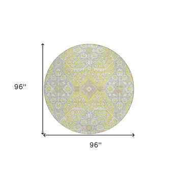 8' Yellow Ivory And Beige Round Floral Washable Indoor Outdoor Area Rug