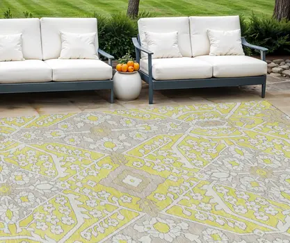 8' X 10' Yellow Ivory And Beige Floral Washable Indoor Outdoor Area Rug