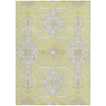 9' X 12' Yellow Ivory And Beige Floral Washable Indoor Outdoor Area Rug