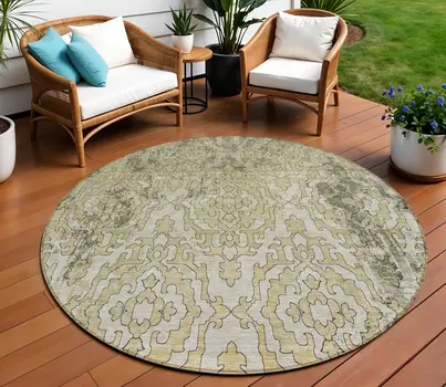 8' Artichoke Green And Beige Round Medallion Washable Indoor Outdoor Area Rug