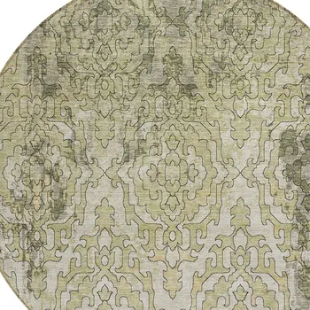 8' Artichoke Green And Beige Round Medallion Washable Indoor Outdoor Area Rug