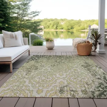 8' X 10' Artichoke Green And Beige Medallion Washable Indoor Outdoor Area Rug