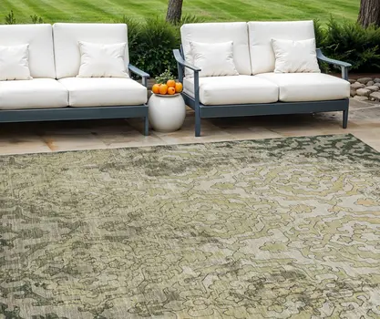 9' X 12' Artichoke Green And Beige Medallion Washable Indoor Outdoor Area Rug