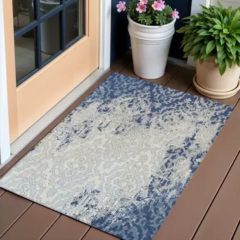 3' X 5' Navy Blue Beige And Sky Blue Medallion Washable Indoor Outdoor Area Rug