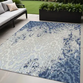 5' X 8' Navy Blue Beige And Sky Blue Medallion Washable Indoor Outdoor Area Rug