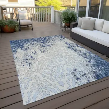5' X 8' Navy Blue Beige And Sky Blue Medallion Washable Indoor Outdoor Area Rug