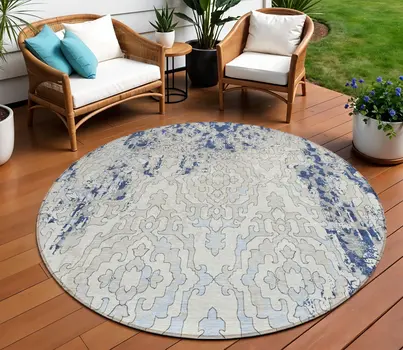 8' Navy Blue Beige And Sky Blue Round Medallion Washable Indoor Outdoor Area Rug