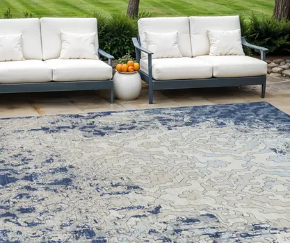 8' X 10' Navy Blue Beige And Sky Blue Medallion Washable Indoor Outdoor Area Rug
