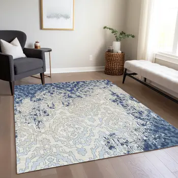 9' X 12' Navy Blue Beige And Sky Blue Medallion Washable Indoor Outdoor Area Rug