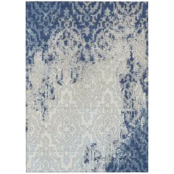 10' X 14' Navy Blue Beige And Sky Blue Medallion Washable Indoor Outdoor Area Rug