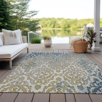 3' X 5' Sky Blue And Denim Blue Medallion Washable Indoor Outdoor Area Rug