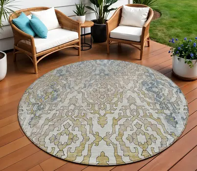 8' Sky Blue And Denim Blue Round Medallion Washable Indoor Outdoor Area Rug