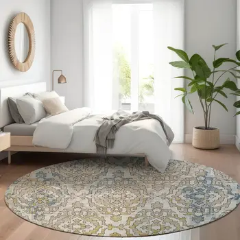 8' Sky Blue And Denim Blue Round Medallion Washable Indoor Outdoor Area Rug