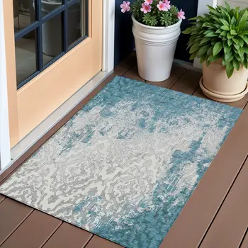 3' X 5' Teal Blue Gray And Ivory Medallion Washable Indoor Outdoor Area Rug