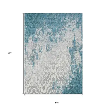 5' X 8' Teal Blue Gray And Ivory Medallion Washable Indoor Outdoor Area Rug