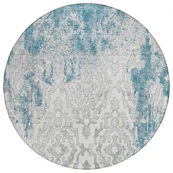 8' Teal Blue Gray And Ivory Round Medallion Washable Indoor Outdoor Area Rug