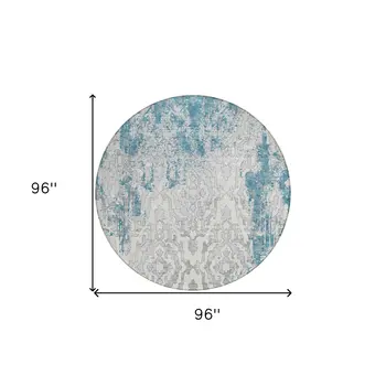 8' Teal Blue Gray And Ivory Round Medallion Washable Indoor Outdoor Area Rug