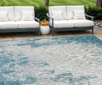 8' X 10' Teal Blue Gray And Ivory Medallion Washable Indoor Outdoor Area Rug