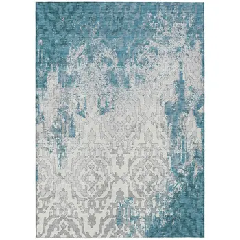 10' X 14' Teal Blue Gray And Ivory Medallion Washable Indoor Outdoor Area Rug