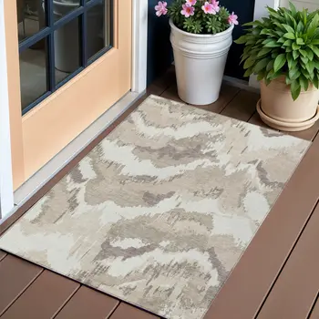 3' X 5' Beige Brown And Ivory Abstract Washable Indoor Outdoor Area Rug