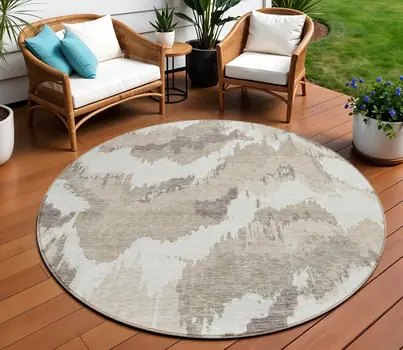 8' Beige Brown And Ivory Round Abstract Washable Indoor Outdoor Area Rug