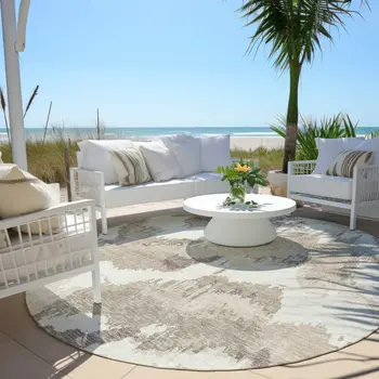 8' Beige Brown And Ivory Round Abstract Washable Indoor Outdoor Area Rug