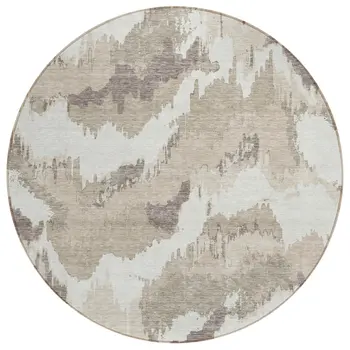 8' Beige Brown And Ivory Round Abstract Washable Indoor Outdoor Area Rug