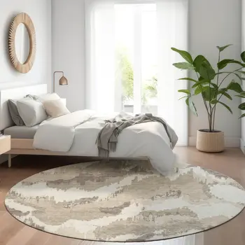 8' Beige Brown And Ivory Round Abstract Washable Indoor Outdoor Area Rug