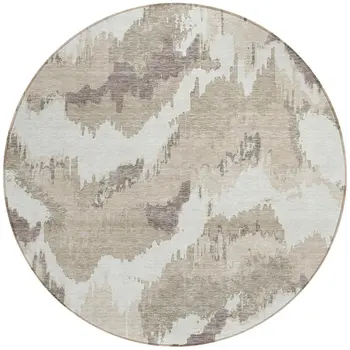 8' Beige Brown And Ivory Round Abstract Washable Indoor Outdoor Area Rug