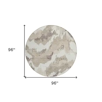 8' Beige Brown And Ivory Round Abstract Washable Indoor Outdoor Area Rug