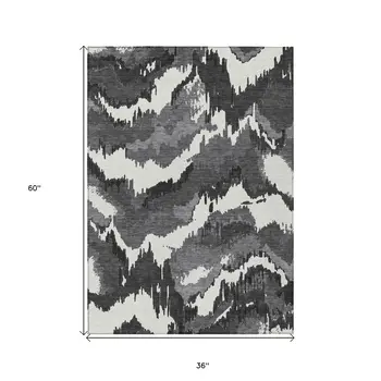 3' X 5' Black Gray And Charcoal Abstract Washable Indoor Outdoor Area Rug