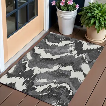 3' X 5' Black Gray And Charcoal Abstract Washable Indoor Outdoor Area Rug