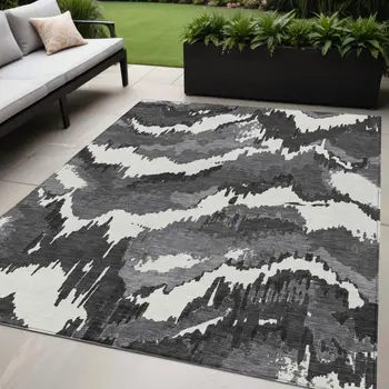5' X 8' Black Gray And Charcoal Abstract Washable Indoor Outdoor Area Rug
