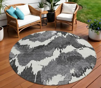 8' Black Gray And Charcoal Round Abstract Washable Indoor Outdoor Area Rug