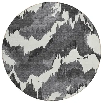 8' Black Gray And Charcoal Round Abstract Washable Indoor Outdoor Area Rug