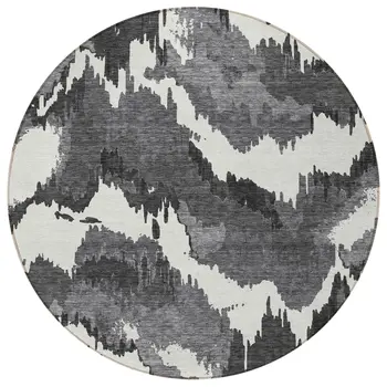 8' Black Gray And Charcoal Round Abstract Washable Indoor Outdoor Area Rug