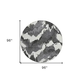 8' Black Gray And Charcoal Round Abstract Washable Indoor Outdoor Area Rug