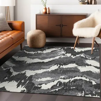 8' X 10' Black Gray And Charcoal Abstract Washable Indoor Outdoor Area Rug