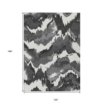 10' X 14' Black Gray And Charcoal Abstract Washable Indoor Outdoor Area Rug