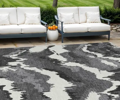 10' X 14' Black Gray And Charcoal Abstract Washable Indoor Outdoor Area Rug