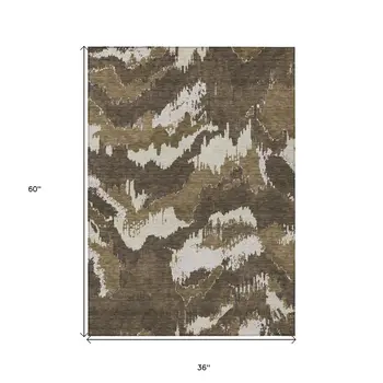 3' X 5' Brown Beige And Taupe Abstract Washable Indoor Outdoor Area Rug