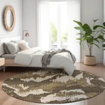 8' Brown Beige And Taupe Round Abstract Washable Indoor Outdoor Area Rug