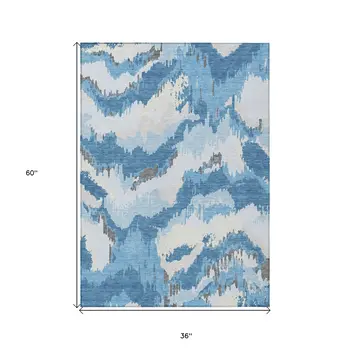 3' X 5' Sky Blue And Denim Blue Abstract Washable Indoor Outdoor Area Rug