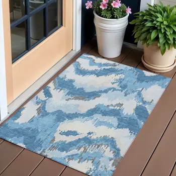 3' X 5' Sky Blue And Denim Blue Abstract Washable Indoor Outdoor Area Rug