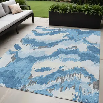5' X 8' Sky Blue And Denim Blue Abstract Washable Indoor Outdoor Area Rug