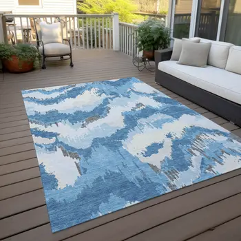 5' X 8' Sky Blue And Denim Blue Abstract Washable Indoor Outdoor Area Rug