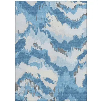 5' X 8' Sky Blue And Denim Blue Abstract Washable Indoor Outdoor Area Rug