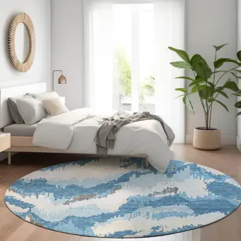 8' Sky Blue And Denim Blue Round Abstract Washable Indoor Outdoor Area Rug