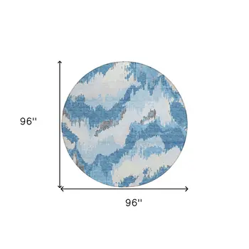 8' Sky Blue And Denim Blue Round Abstract Washable Indoor Outdoor Area Rug