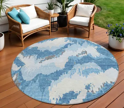 8' Sky Blue And Denim Blue Round Abstract Washable Indoor Outdoor Area Rug